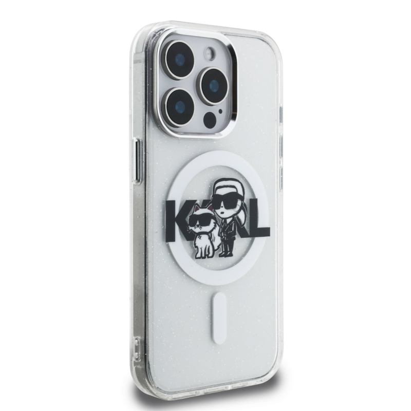 Karl Lagerfeld IML Glitter Karl and Choupette Sketch MagSafe Zadný Kryt pre iPhone 15 Pro Transparent