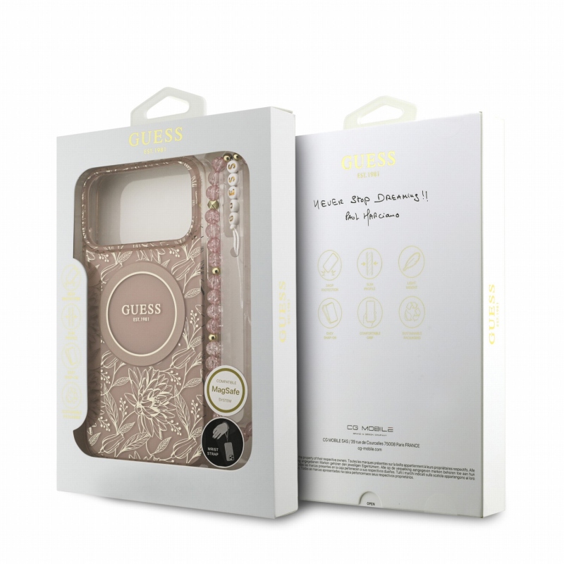 Guess IML Flowers Allover Strap MagSafe zadný kryt pre iPhone 18 Pro Max, ružový