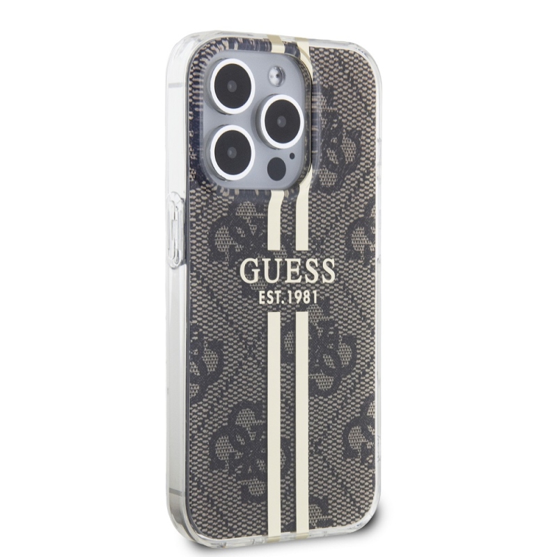 Guess IML 4G Gold Stripe Zadný Kryt pre iPhone 15 Pro Max Brown