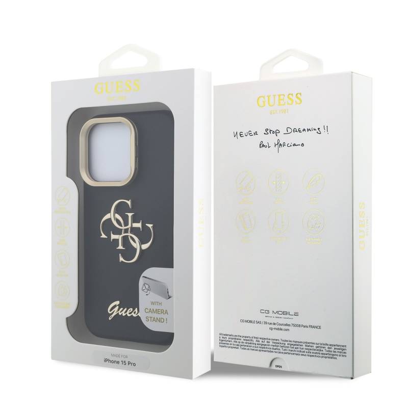 Guess PU Grained 4G Logo Stand Camera Frame Zadný Kryt pre iPhone 15 Pro Black