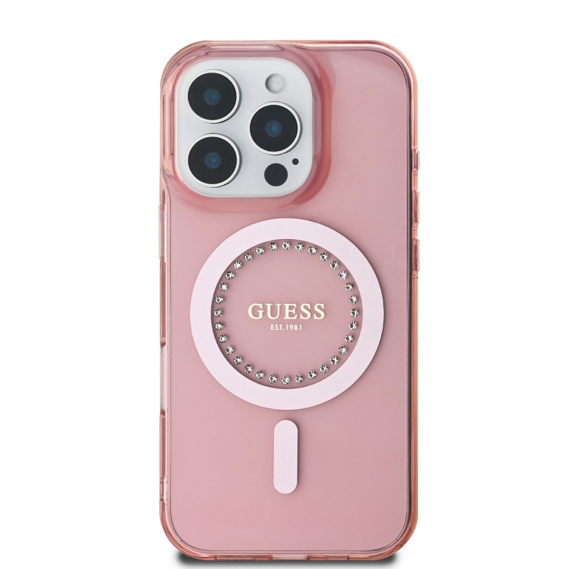 Guess IML Rhinestones Ring MagSafe Zadný Kryt pre iPhone 16 Pro Max Pink