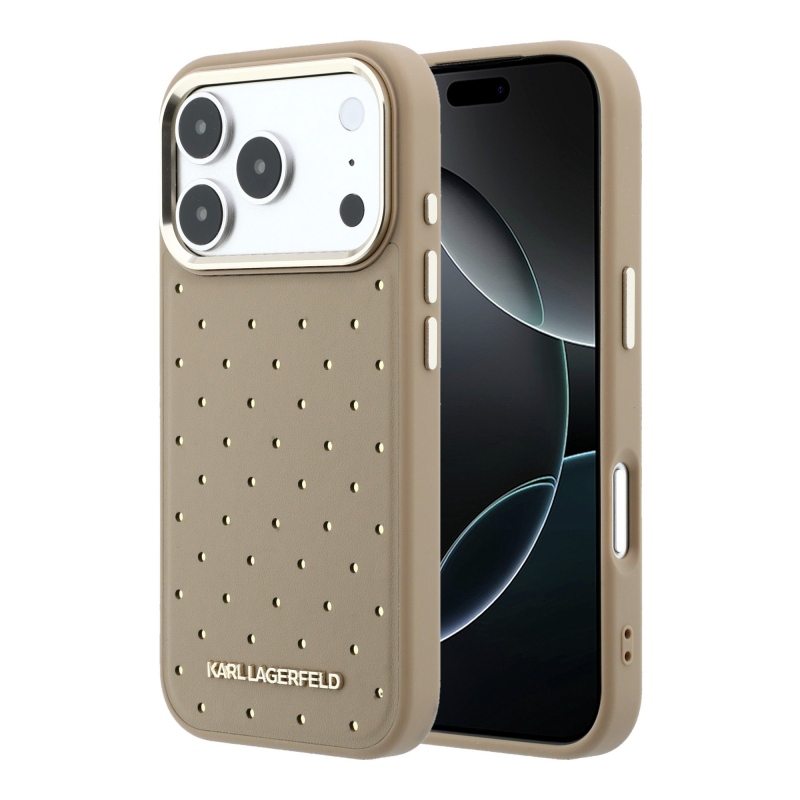 Karl Lagerfeld PU Perforated Gold Dots MagSafe zadný kryt pre iPhone 17 Pro, béžový