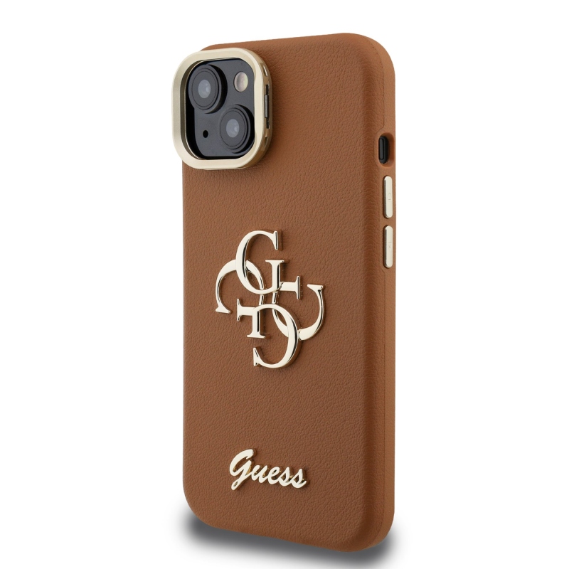 Guess PU Grained 4G Logo Stand Camera Frame Zadný Kryt pre iPhone 14 Brown