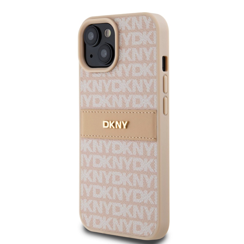 DKNY PU Leather Repeat Pattern Tonal Stripe Zadný Kryt pre iPhone 15 Pink