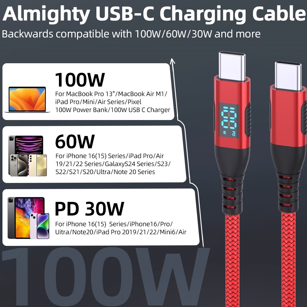 Nylonový kábel USB-C / USB-C s displejom 1m 100W - červený