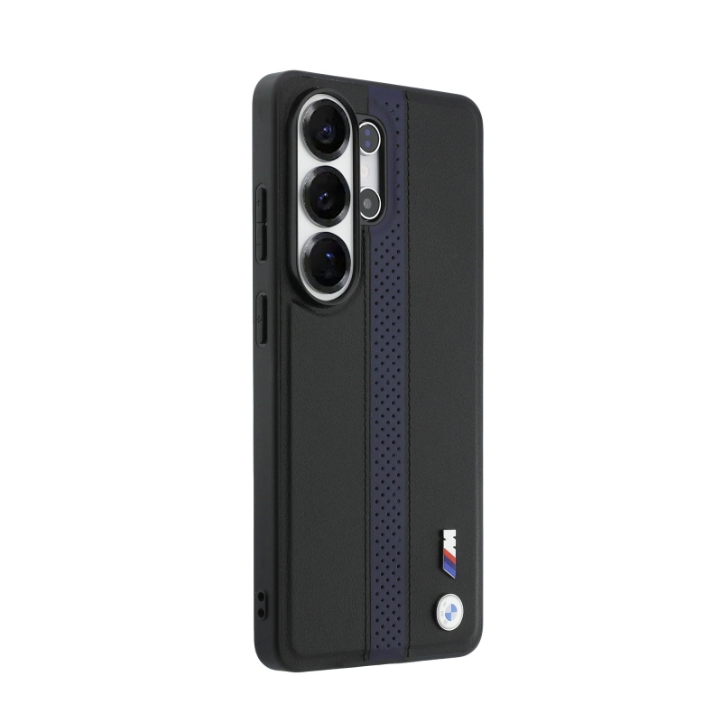 BMW M PU kožený perforovaný zadný kryt s pruhmi a kovovým logom pre Samsung Galaxy S26 Ultra Blue