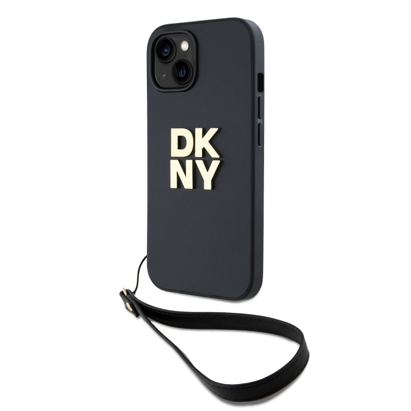 DKNY PU Leather Stack Logo Wrist Strap Zadný Kryt pre iPhone 14 Black