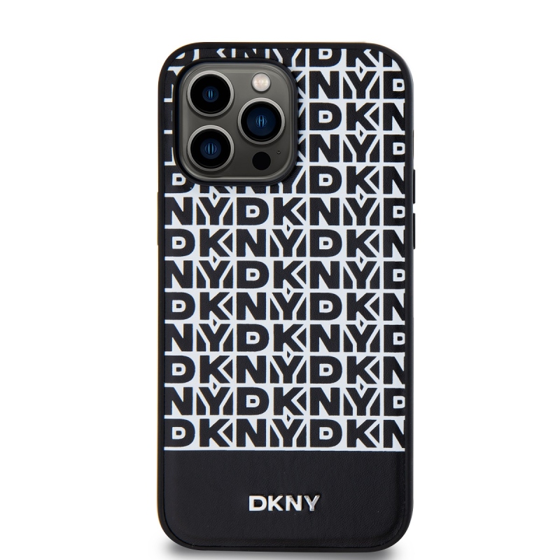 DKNY PU Leather Repeat Pattern Bottom Stripe MagSafe Zadný Kryt pre iPhone 15 Pro Max Black