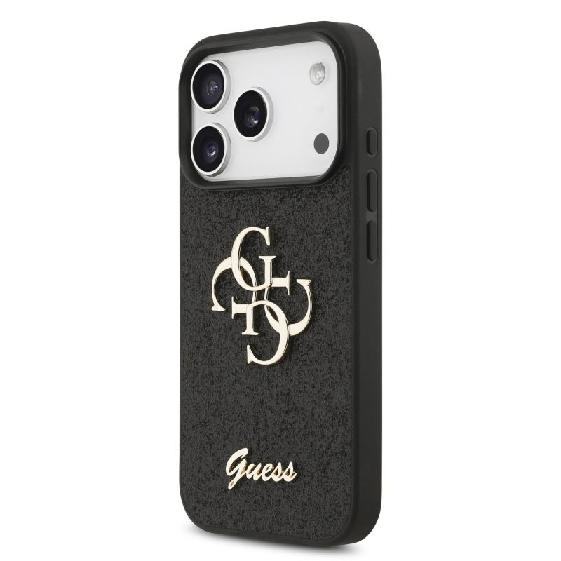 Guess PU Pevný zadný kryt s kovovým logom 4G Glitter pre iPhone 17 Pro Black