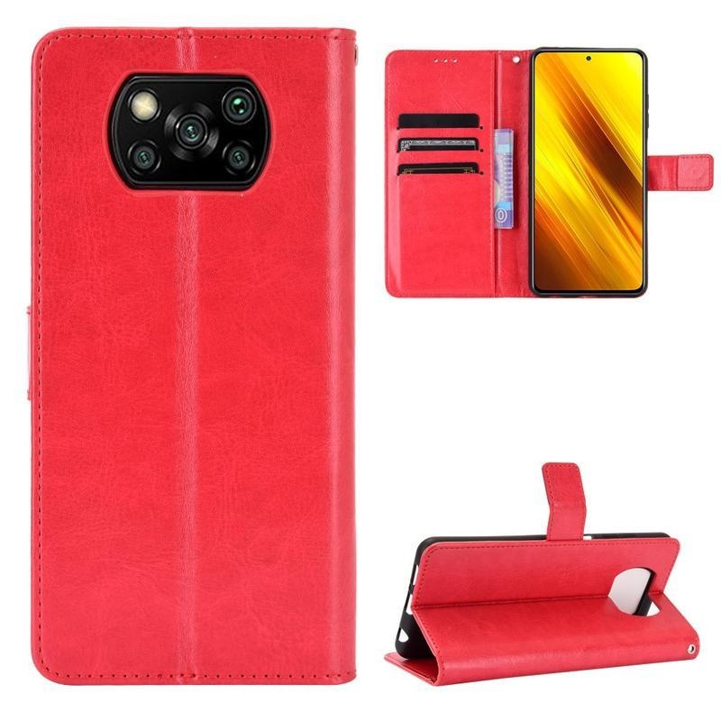 Crazy PU kožené peněženkové puzdro na mobil Xiaomi Poco X3/X3 Pro - červené
