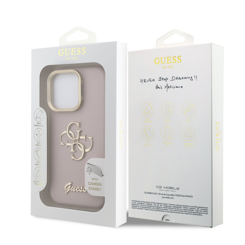 Guess PU Grained 4G Logo Stand Camera Frame Zadný Kryt pre iPhone 15 Pro Pink