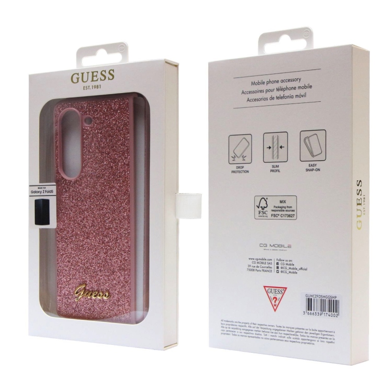 Guess PC/TPU Glitter Flakes Metal Logo Zadný Kryt pre Samsung Galaxy Z Fold 5 Pink