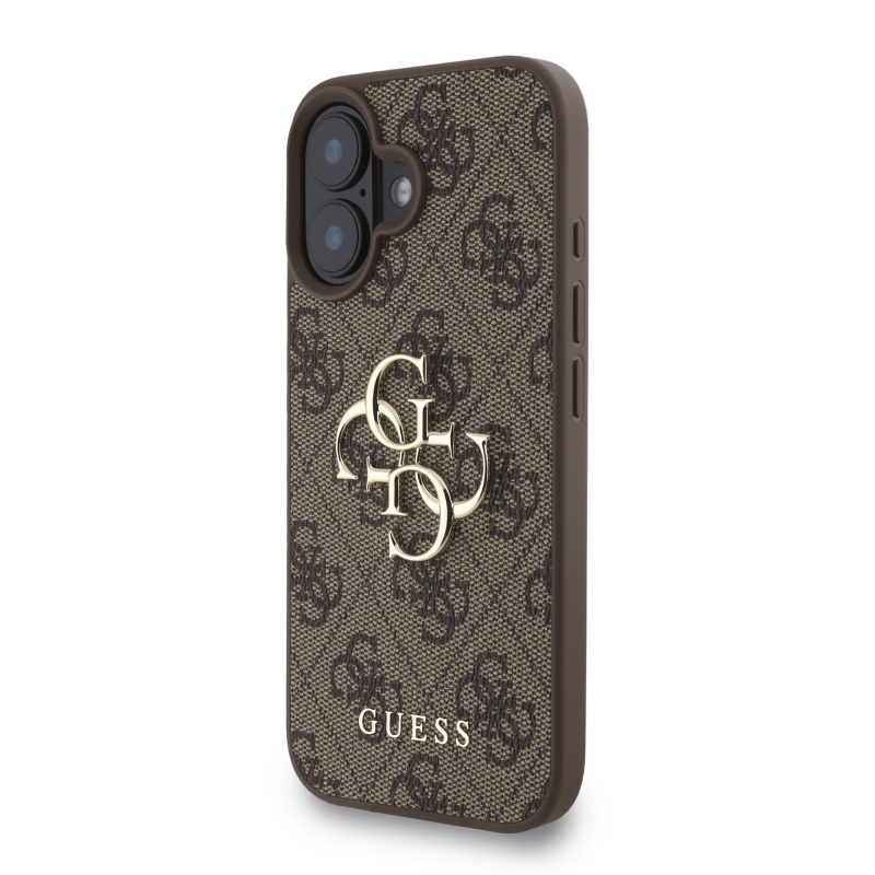 Guess PU 4G Metal Logo Strap Zadný Kryt pre iPhone 16 Brown