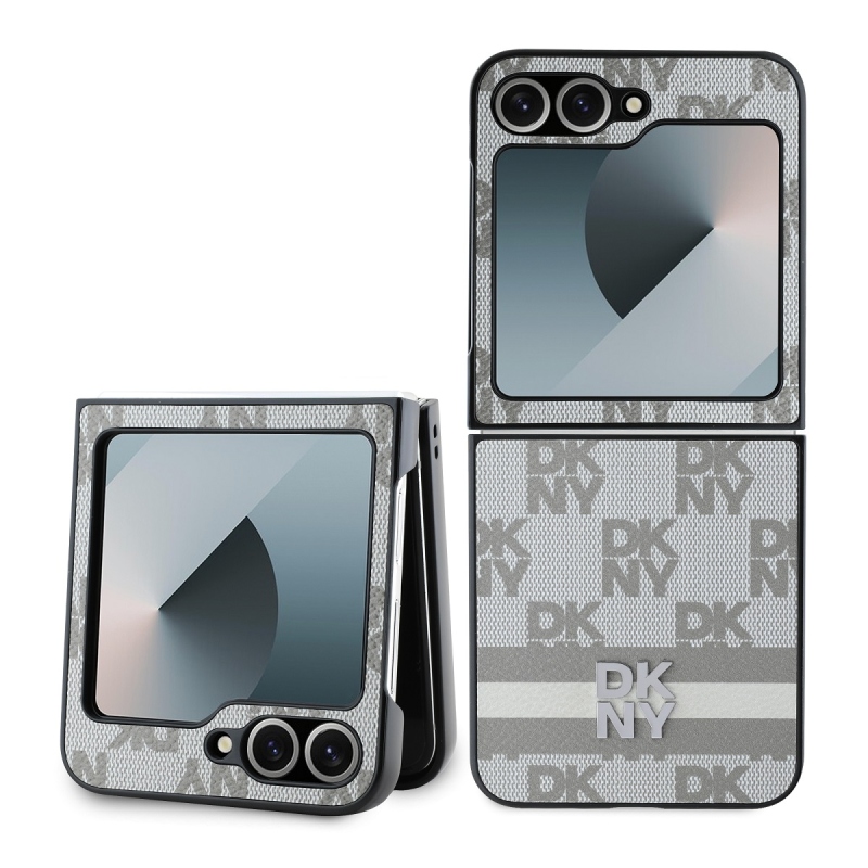 DKNY PU Leather Checkered Pattern and Stripe Zadný Kryt pre Samsung Galaxy Z Flip 6 Beige