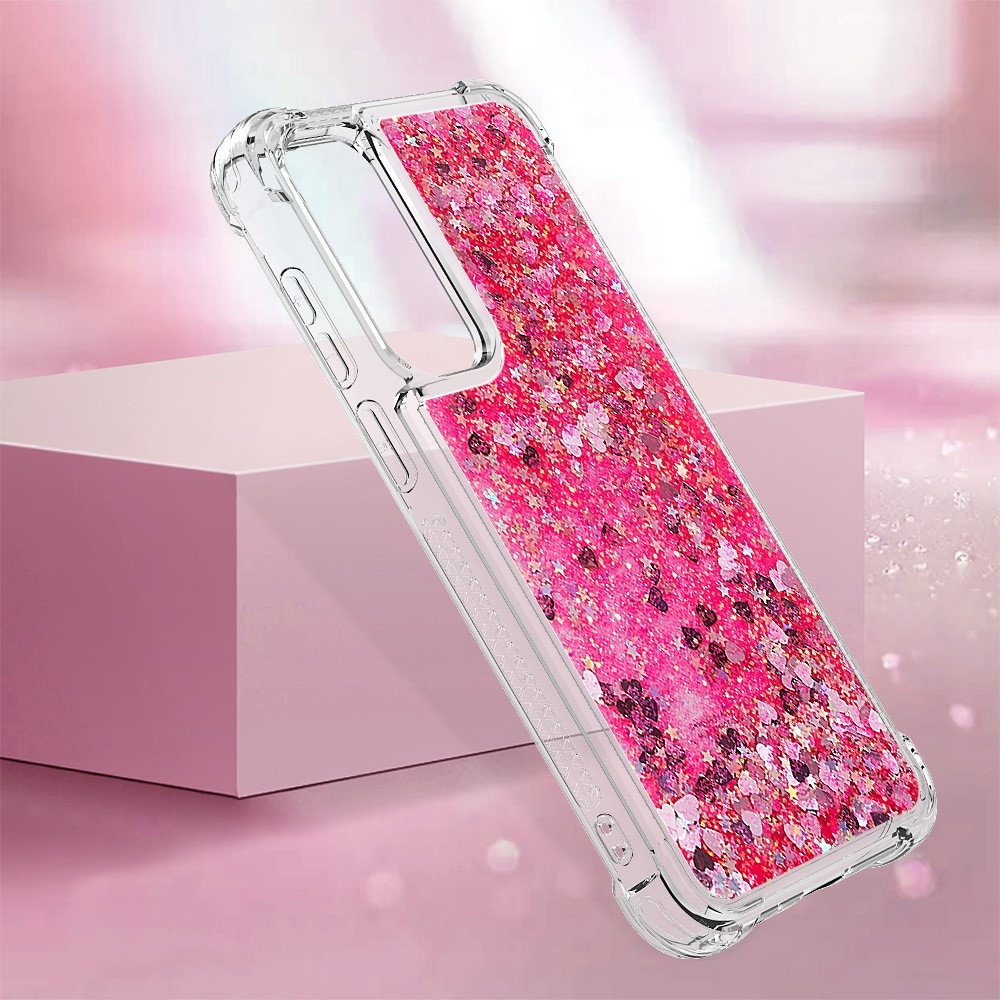 Glitter gélový presýpací obal na Samsung Galaxy A55 5G - ružový/srdiečka