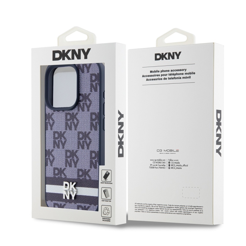 DKNY PU Leather Checkered Pattern and Stripe Zadný Kryt pre iPhone 15 Pro Blue