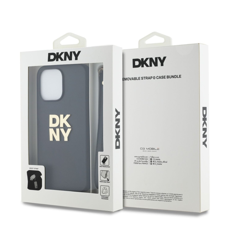 DKNY PU Leather Stack Logo Wrist Strap Zadný Kryt pre iPhone 15 Pro Max Black