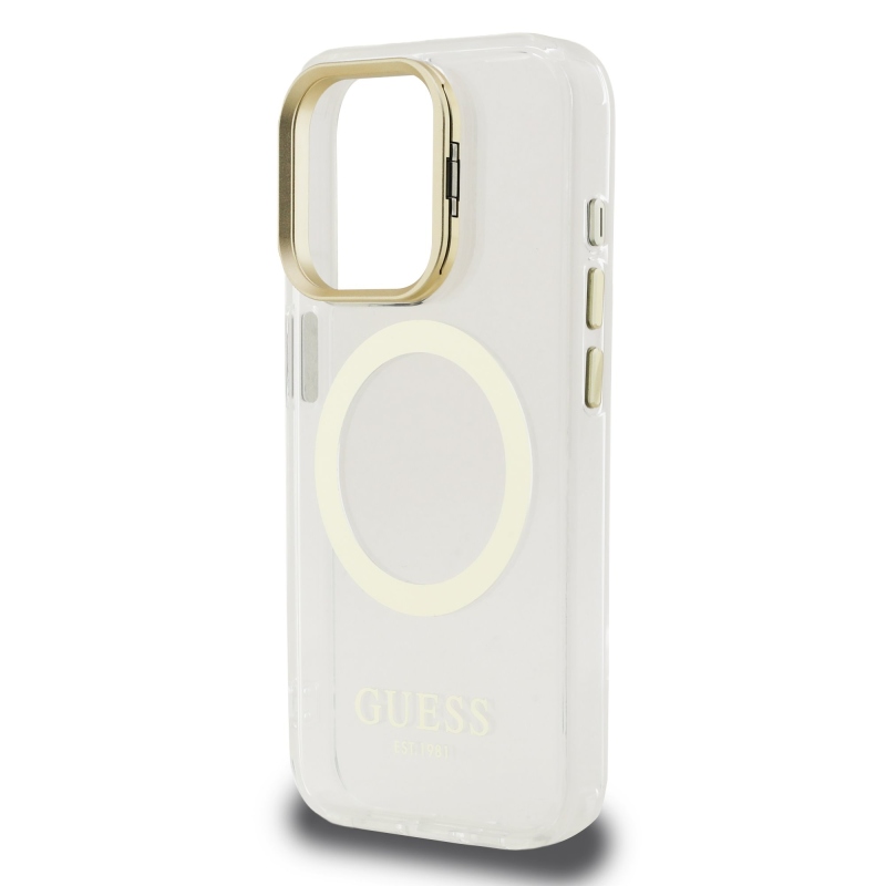 Guess IML Gold Outline Stand Camera Frame MagSafe Zadný Kryt pre iPhone 15 Pro Transparent