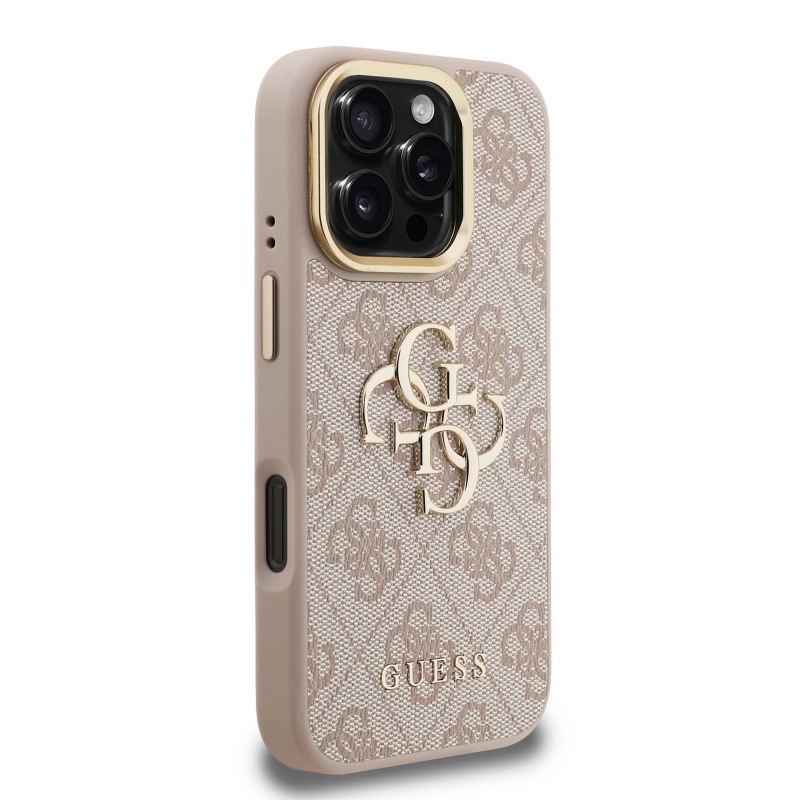Guess PU 4G Metal Logo Stand Camera Frame Zadný Kryt pre iPhone 16 Pro Pink