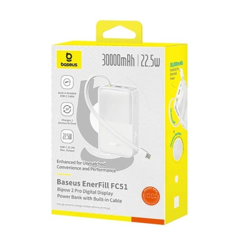 Powerbanka Baseus EnerFill FC51 Bipow 2 Pro 22,5 W s integrovaným káblom, 30 000 mAh, Moon White