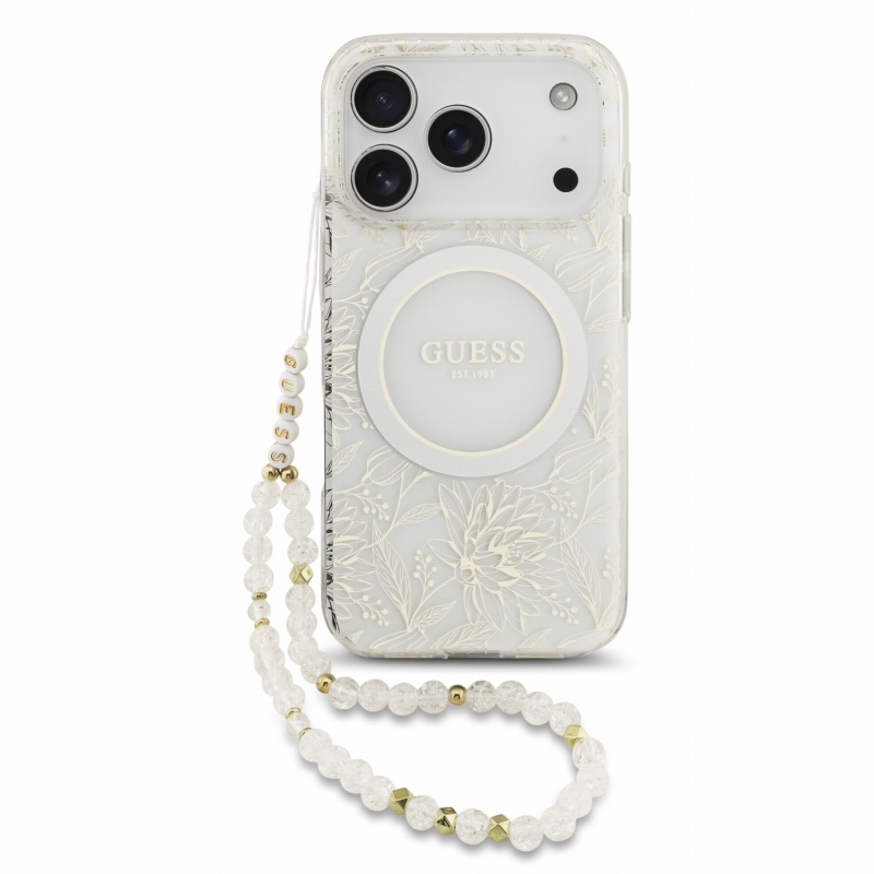Guess IML Flowers Allover Strap MagSafe zadný kryt pre iPhone 18 Pro, biely