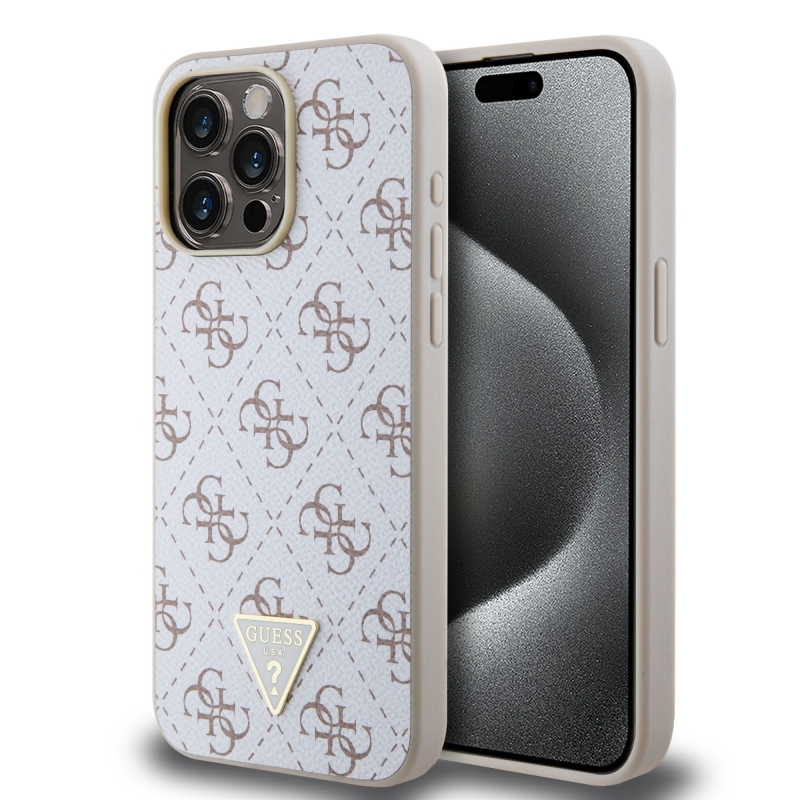 Guess PU Leather 4G Triangle Metal Logo Zadný Kryt pre iPhone 15 Pro Max White