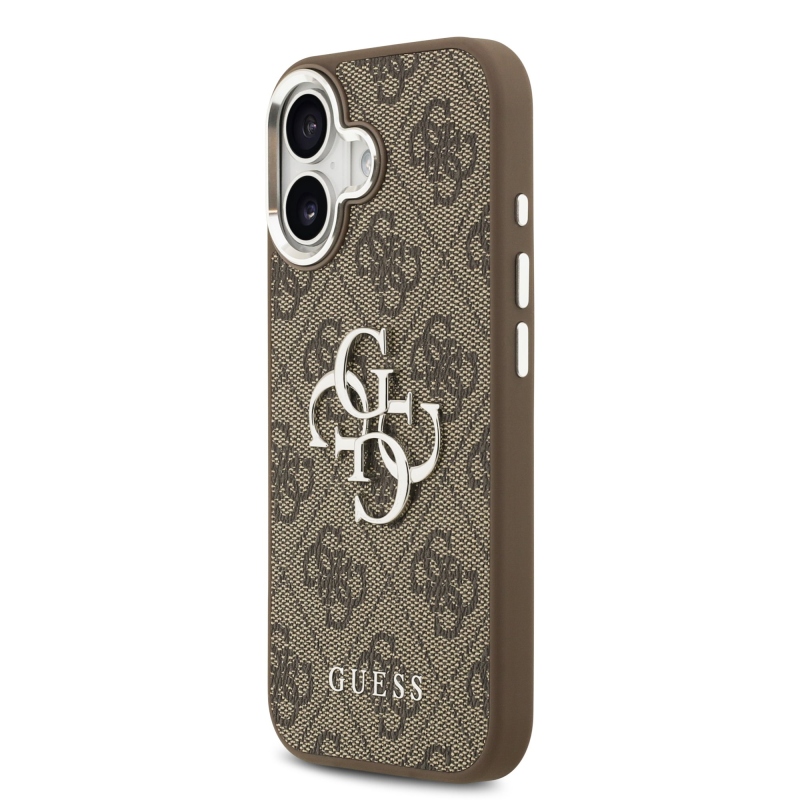 Guess PU 4G Kovový zadný kryt s logom pre iPhone 17 Silver Brown