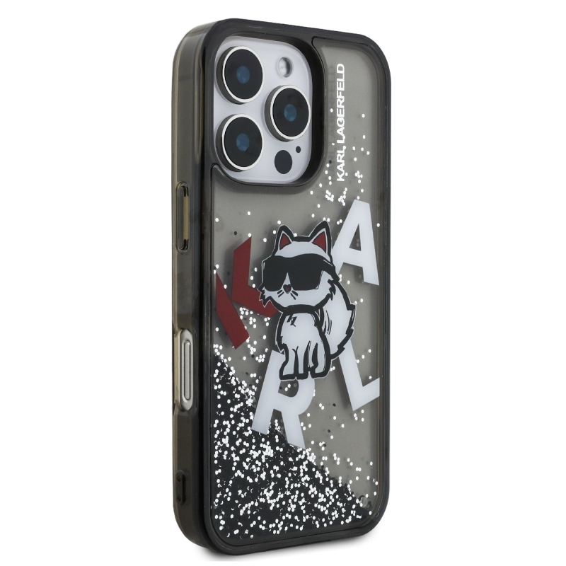 Karl Lagerfeld Liquid Glitter Scattered Choupette Zadní Kryt pro iPhone 16 Pro Max Black