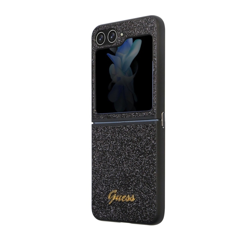 Guess PC/TPU Glitter Flakes Metal Logo Zadný Kryt pre Samsung Galaxy Z Flip 5 Black