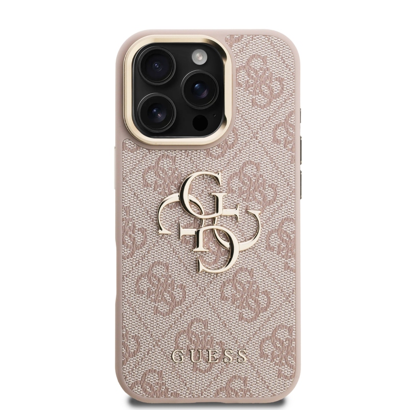 Guess PU 4G Metal Logo Stand Camera Frame Zadný Kryt pre iPhone 16 Pro Pink