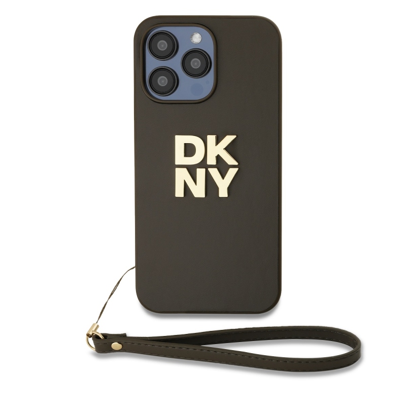 DKNY PU Leather Stack Logo Wrist Strap Zadný Kryt pre iPhone 14 Pro Brown