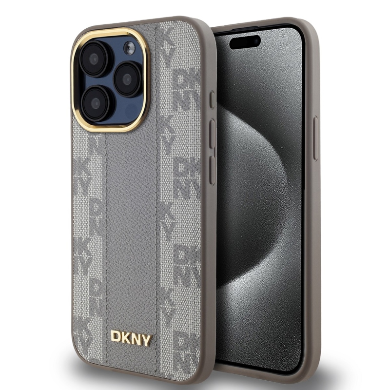 DKNY PU Leather Checkered Pattern Magsafe Zadný Kryt pre iPhone 15 Pro Max Beige