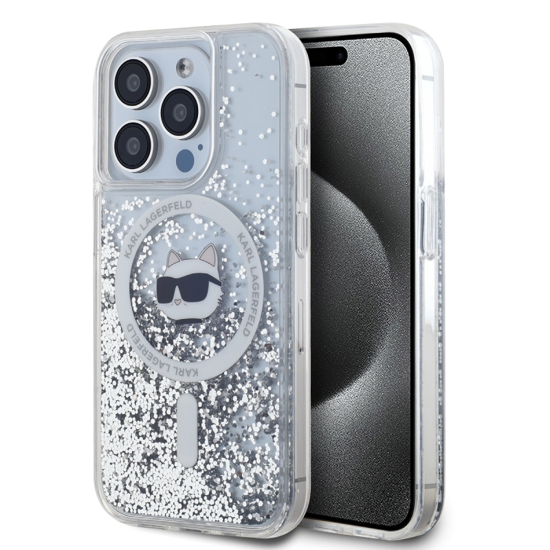 Karl Lagerfeld Liquid Glitter Chúpette Head MagSafe Zadný Kryt pre iPhone 15 Pro Max Transparent