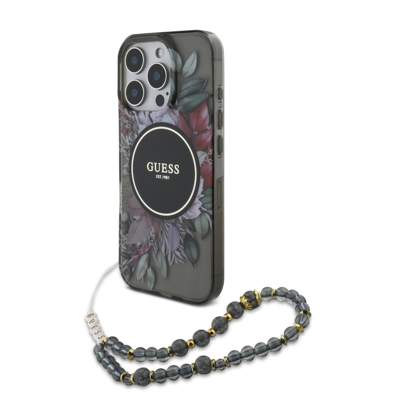 Guess IML Flowers Pearl Strap MagSafe Zadný Kryt pre iPhone 16 Pro Max Black