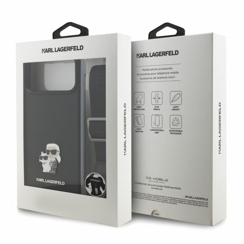 Karl Lagerfeld Saffiano Crossbody popruh Metal Karl a Choupette zadný kryt pre iPhone 18 Pro Max čierny