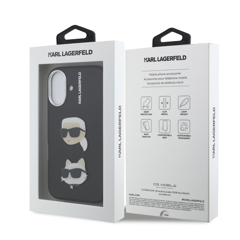 Karl Lagerfeld Grained PU K&CH Heads Zadný Kryt pre iPhone 16 Black