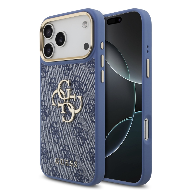 Guess PU koža 4G s kovovým logom a zlatým rámom – zadný kryt pre iPhone 18 Pro Max, modrý
