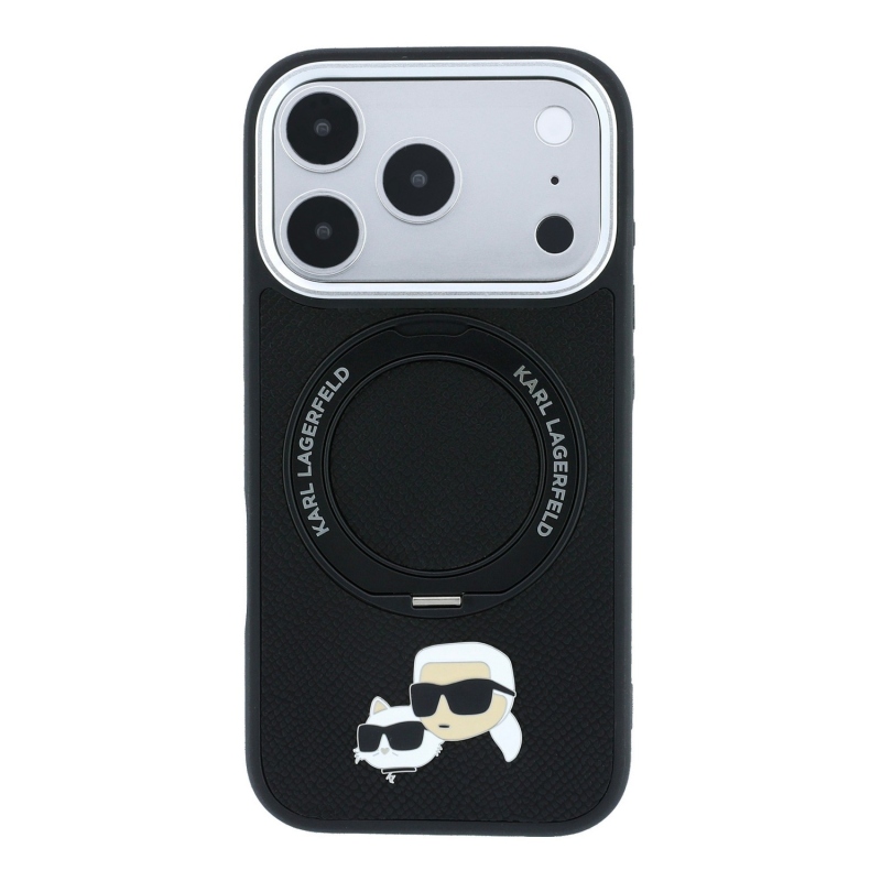 Karl Lagerfeld PU Grained K&CH Heads Ring Stand Magsafe zadný kryt pre iPhone 18 Pro, čierny