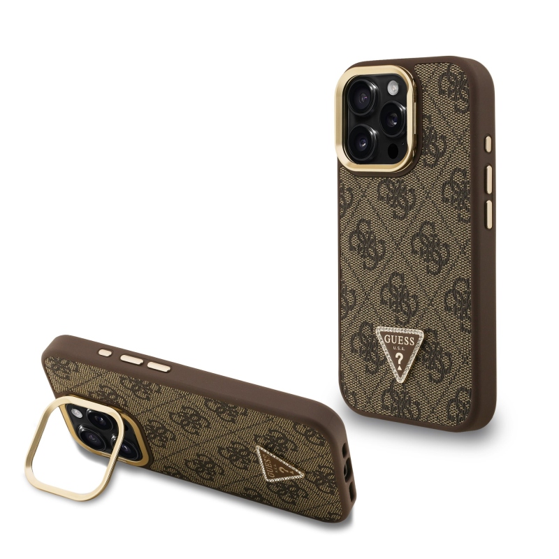 Guess PU 4G Strass Triangle Logo Stand Camera Frame MagSafe Zadný Kryt pre iPhone 16 Pro Brown