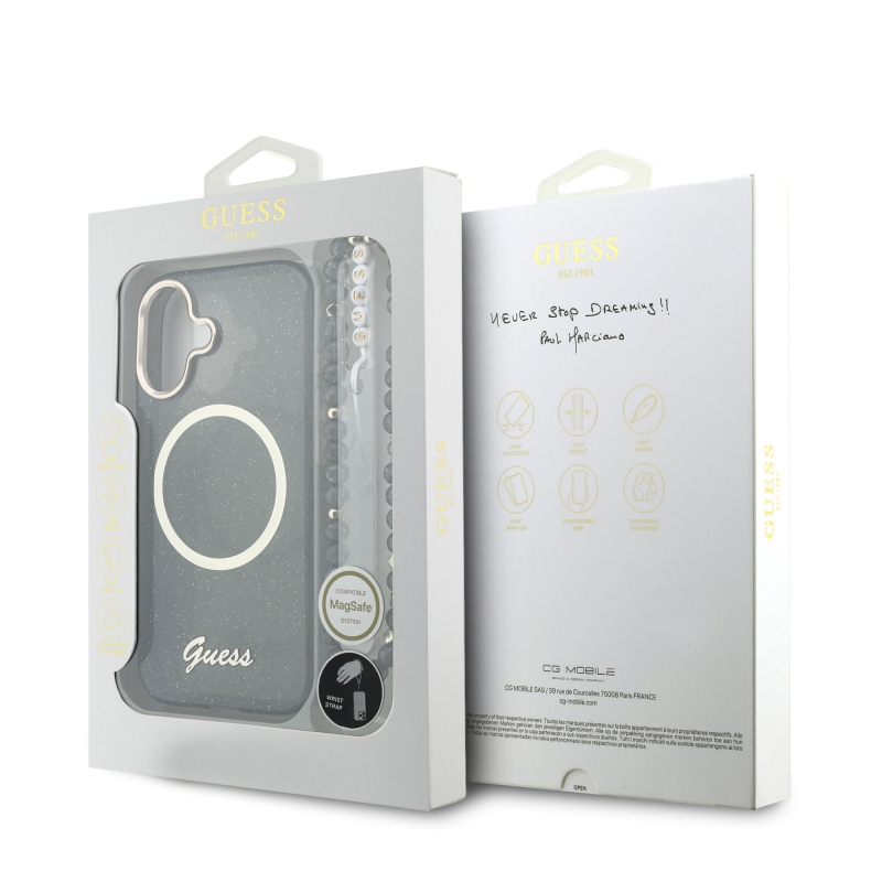 Guess IML Glitter Script Strap Zadný kryt MagSafe pre iPhone 17 Black