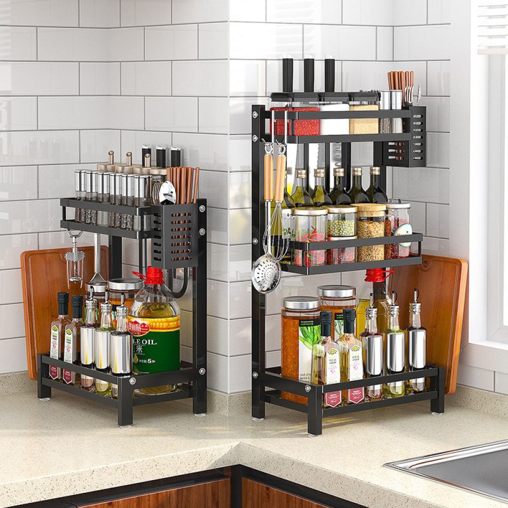 Dvojpodlažný stojan na koreničky a nože z uhlíkovej ocele – čierny