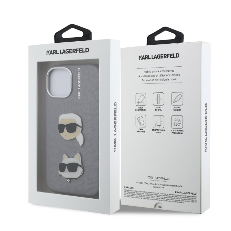 Karl Lagerfeld Grained PU K&CH Heads Zadný Kryt pre iPhone 15 Grey