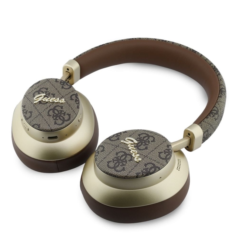 Guess PU 4G Gold Script Metal Logo ENC bezdrôtové slúchadlá, hnedé