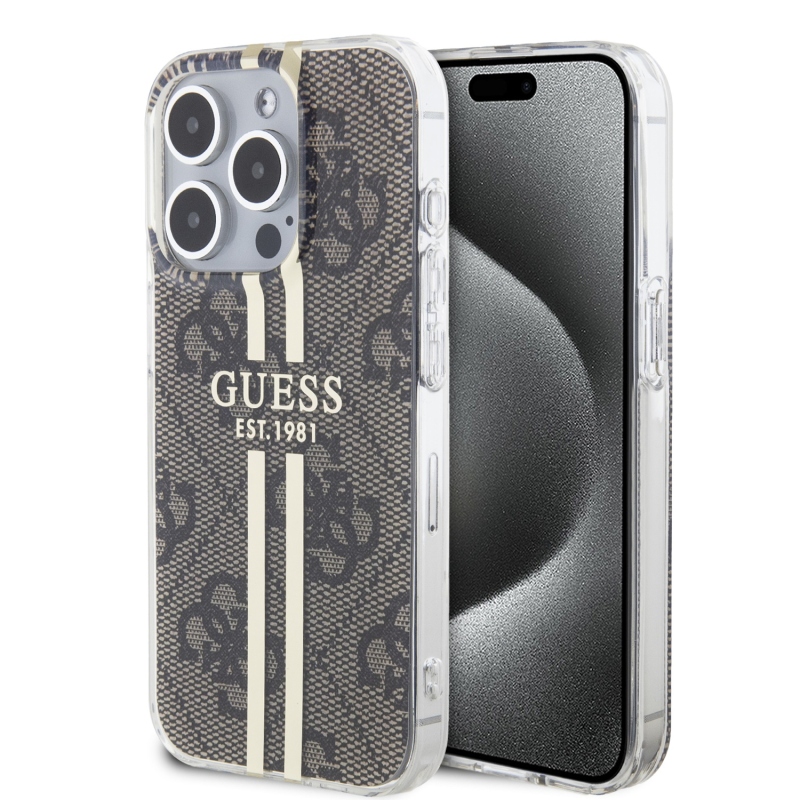 Guess IML 4G Gold Stripe Zadný Kryt pre iPhone 15 Pro Brown