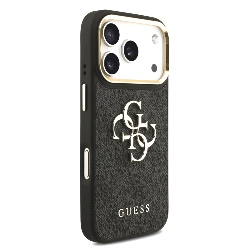 Guess PU kožený 4G kovové logo Gold Frame zadný kryt pre iPhone 17 Pro Black