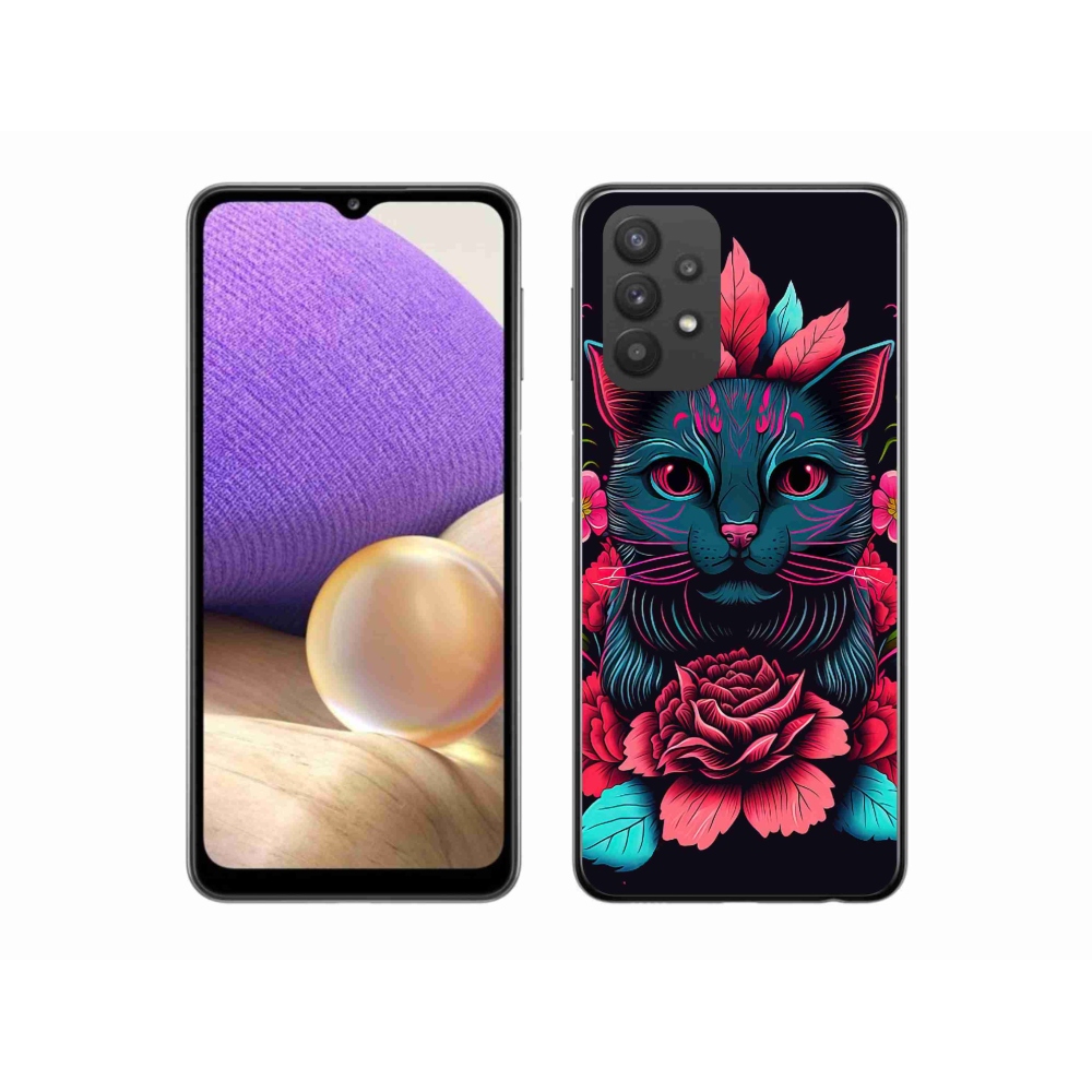 Gélový kryt mmCase na Samsung Galaxy A32 5G - kvety a mačka