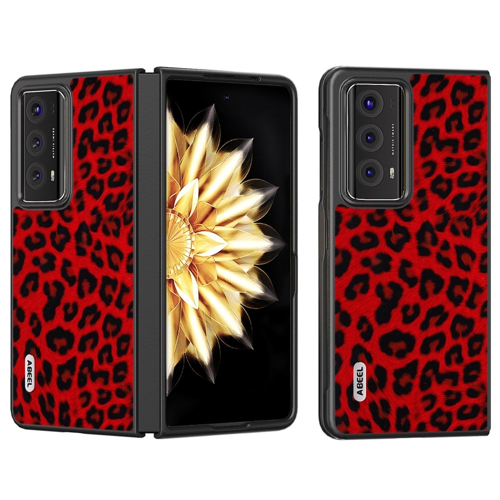 Leopard plastové púzdro s umelou kožou na Honor Magic V2 - červené