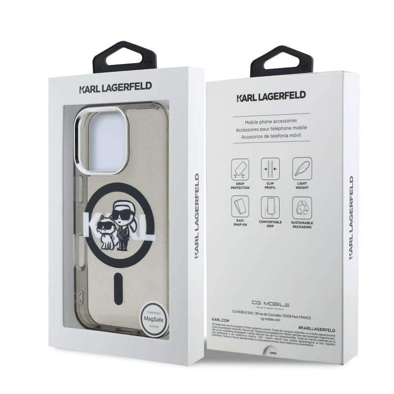 Karl Lagerfeld IML Glitter Karl and Choupette Sketch MagSafe Zadný Kryt pre iPhone 16 Pro Max Black
