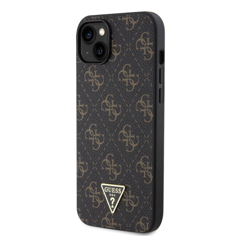 Guess PU 4G Triangle Metal Logo Zadný kryt pre iPhone 15 Plus Black