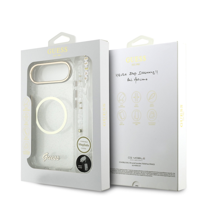 Guess IML Glitter Script Strap MagSafe zadný kryt pre iPhone Air Transparent